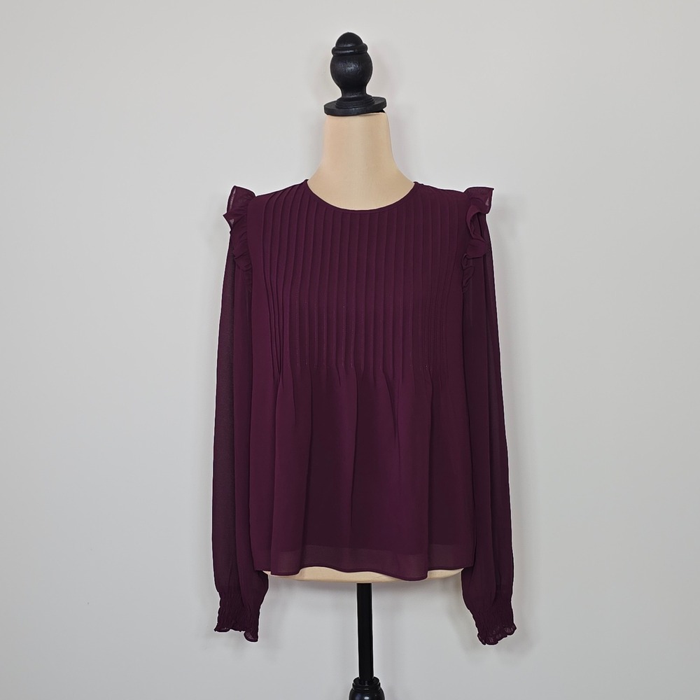 ALLISON JOY Womens Plum Pleated Ruffle Sleeve Keyhole Chiffon Blouse Top Size S